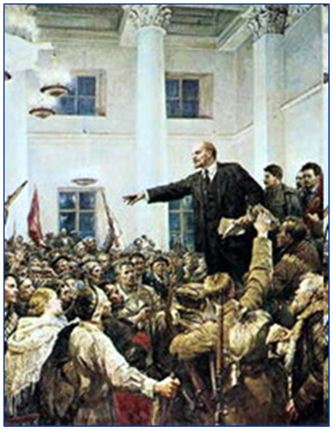 Lãnh tụ Lê-nin tuyên bố thành lập Chính quyền Xô viết Nga tại Đại hội Xô viết toàn Nga lần thứ hai, ngày 7-11-1917, tại Điện Smolny.